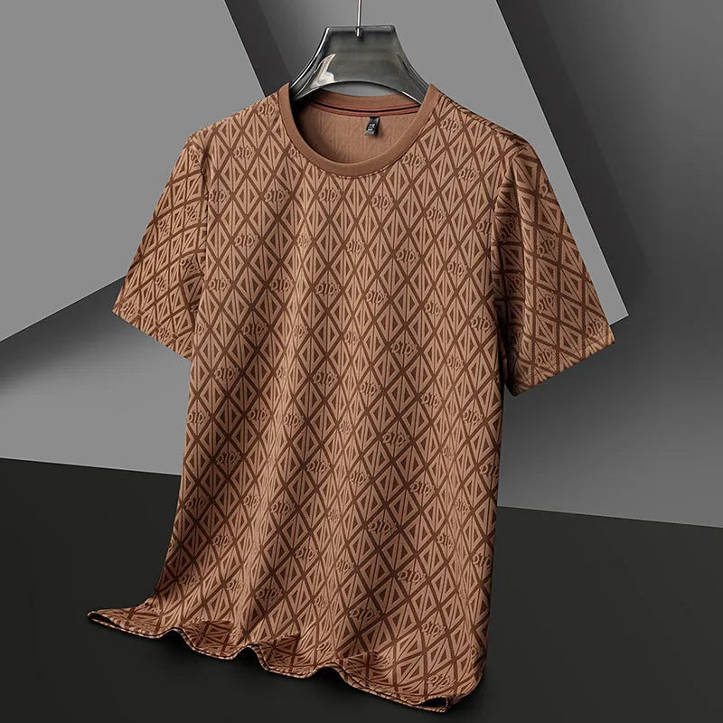Men's black ice silk short sleeve t-shirt with round neck and loose fit casual design