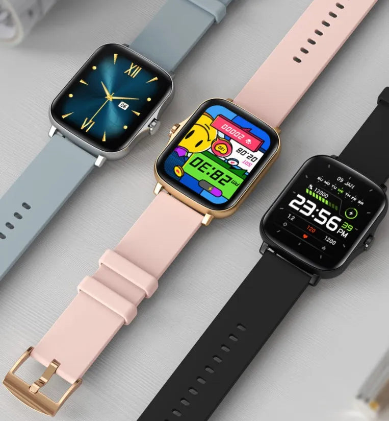 Black smart watch with a 1.7-inch colour touch screen on an adjustable strap, showing a fitness tracking interface.