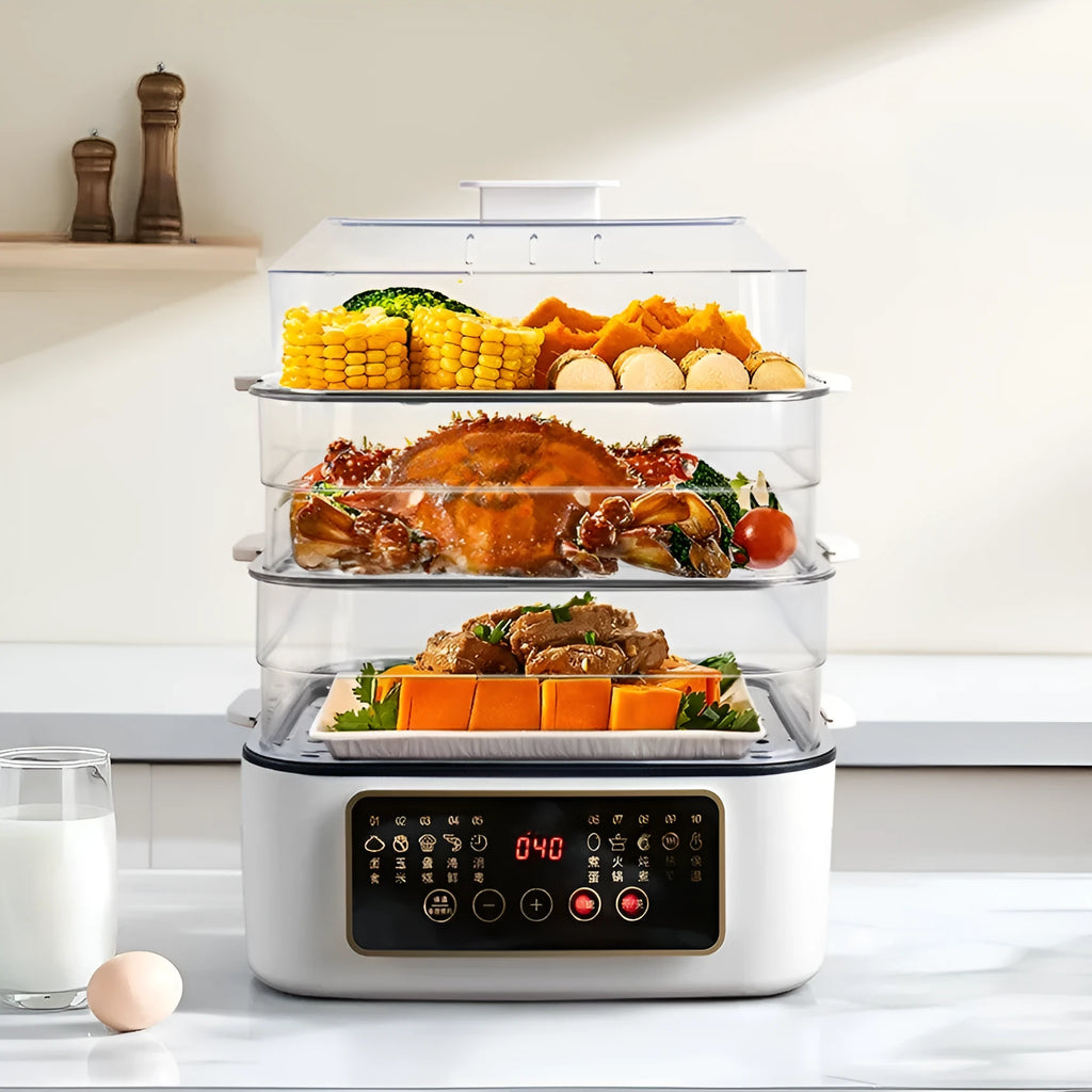 Stainless steel electric steamer appliance with 28-litre capacity and digital display