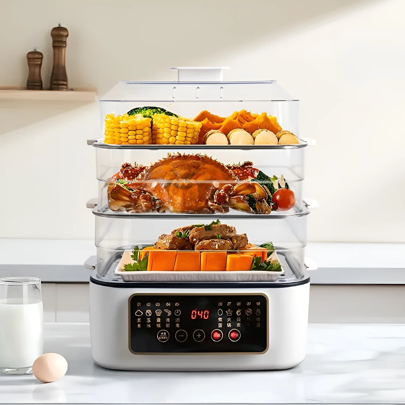 Stainless steel electric steamer appliance with 28-litre capacity and digital display