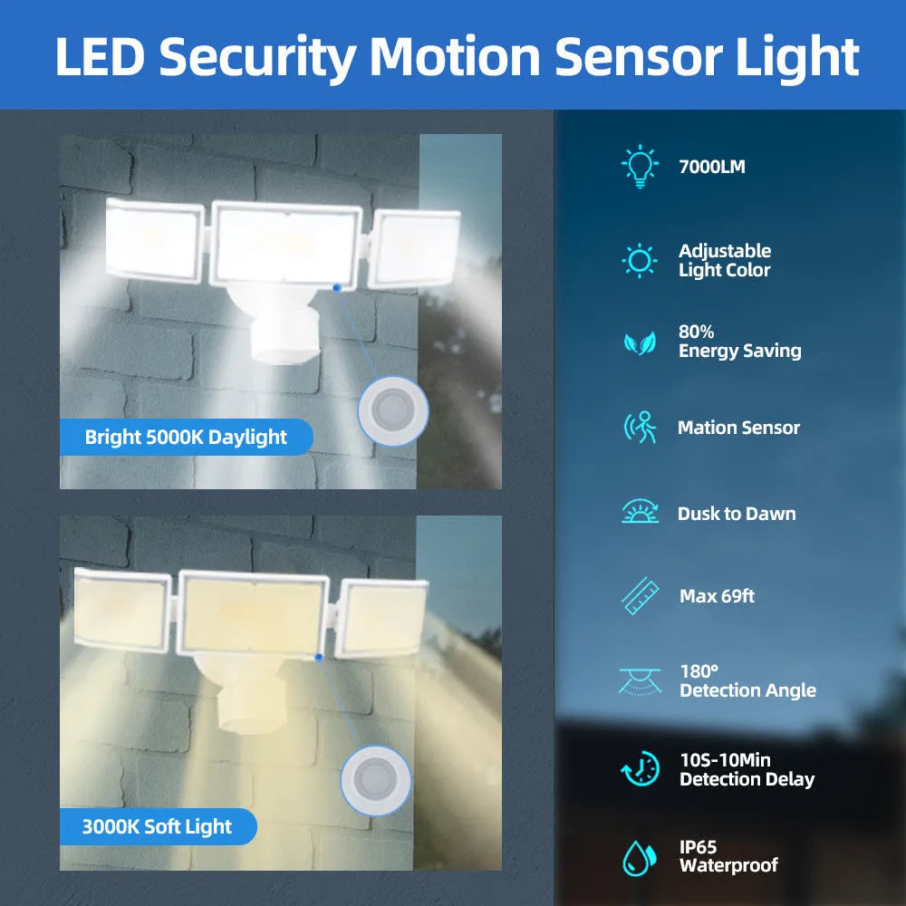 White 120V LED security flood light with motion sensor for wall or ceiling mounting.