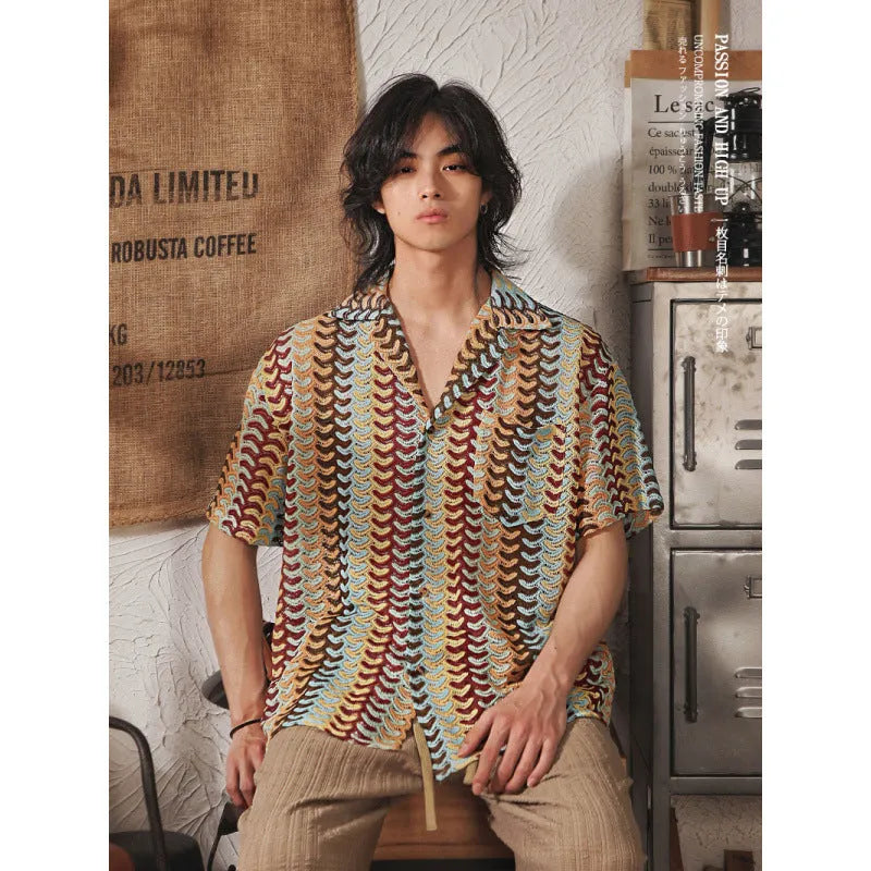 Grey Japanese style Cuban collar short sleeve shirt with hollow jacquard pattern, slim fit.
