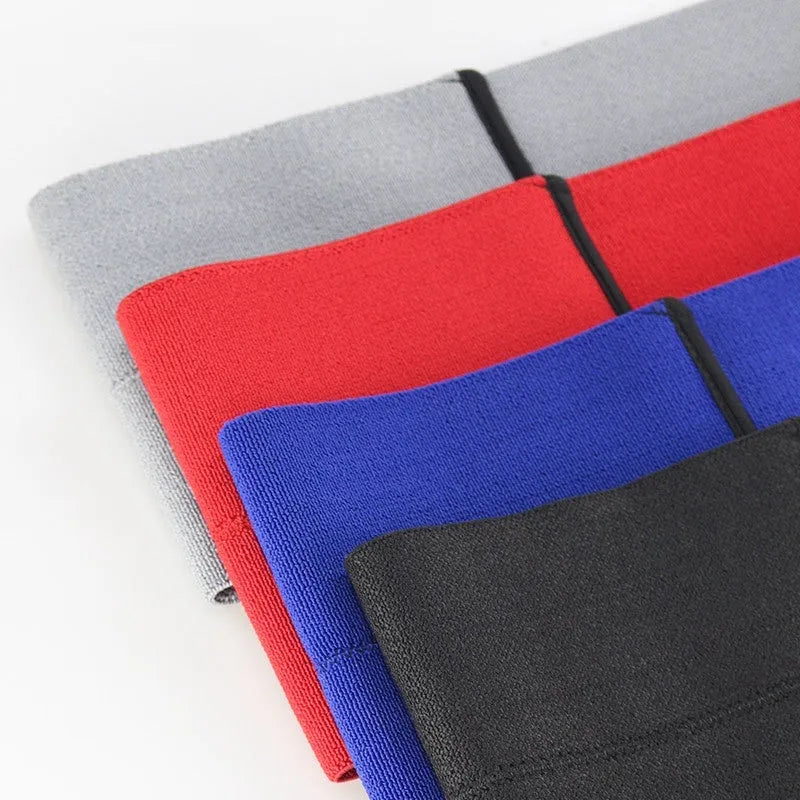 Elastic elbow support bandage for sports, shown in red, available in sizes S, M, and L.