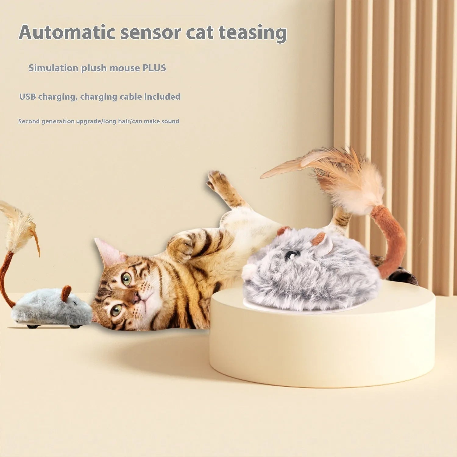 Self-moving electric plush mouse cat toy in pink with Type C charging port