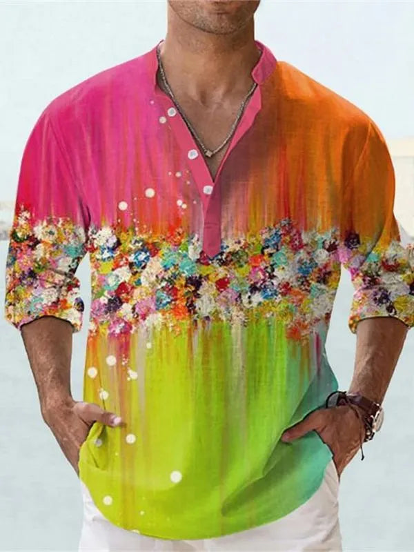Man wearing a striped short sleeve bamboo hemp shirt in British style with 3D digital print.