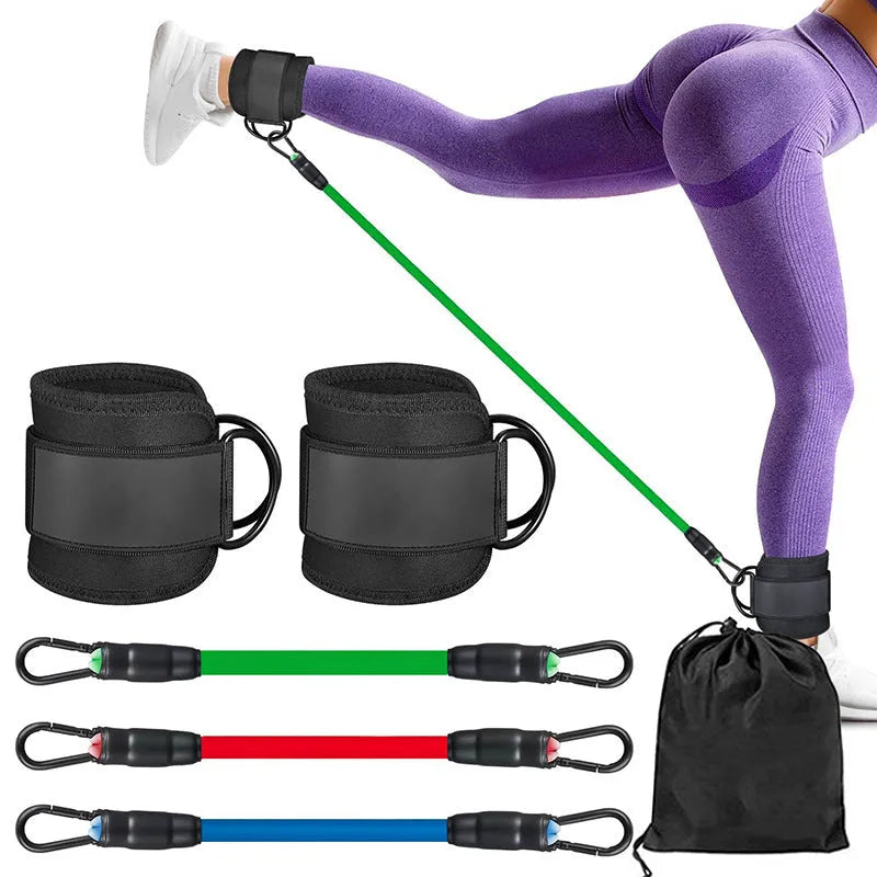 TPE resistance band exercise set with three tension levels and ankle buckle attachments