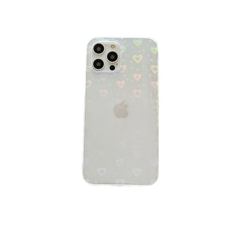 Transparent silicone iPhone case with laser love pattern design showing butterfly and clear options