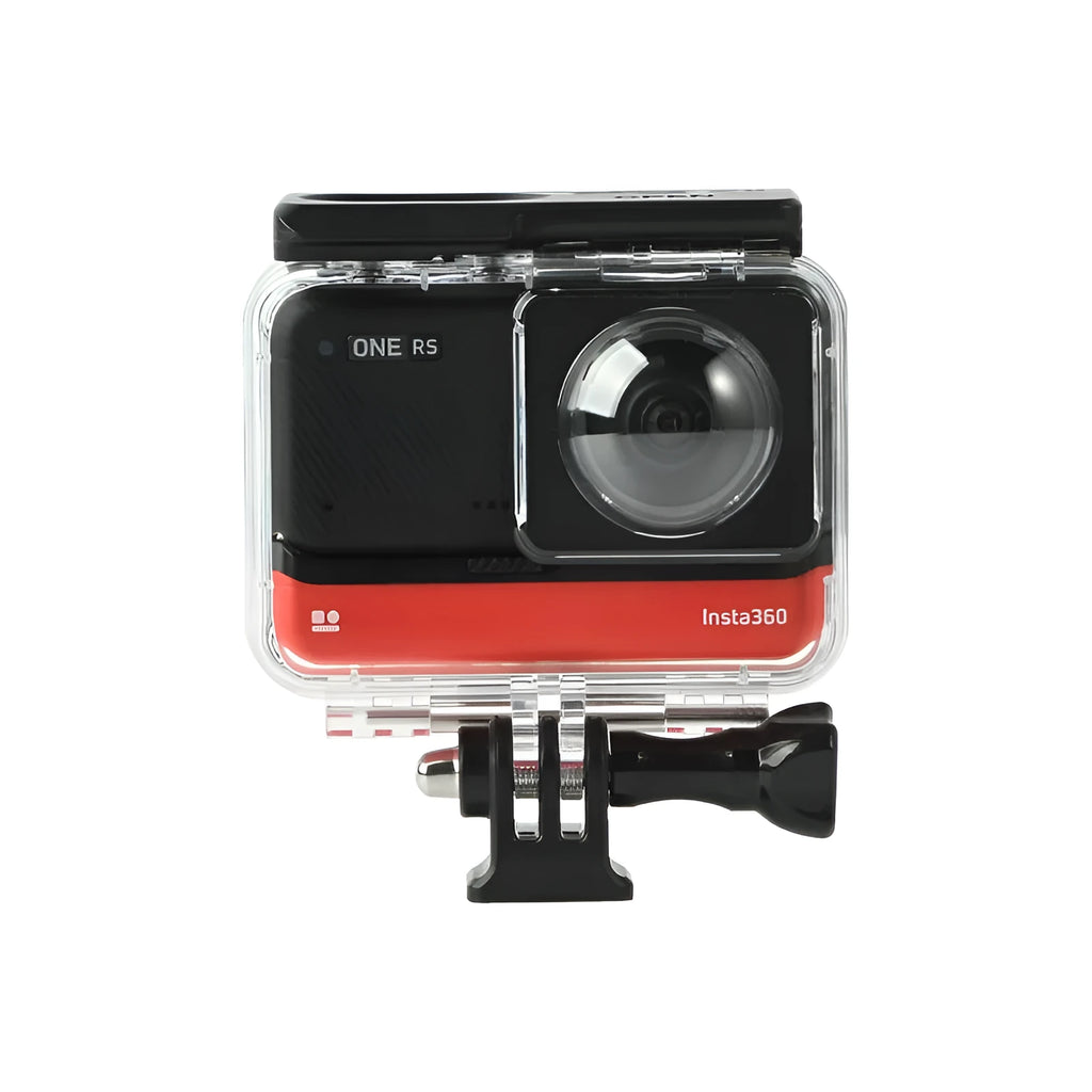 Transparent Insta360 One RS waterproof housing with dimensions 9x8x4.5cm