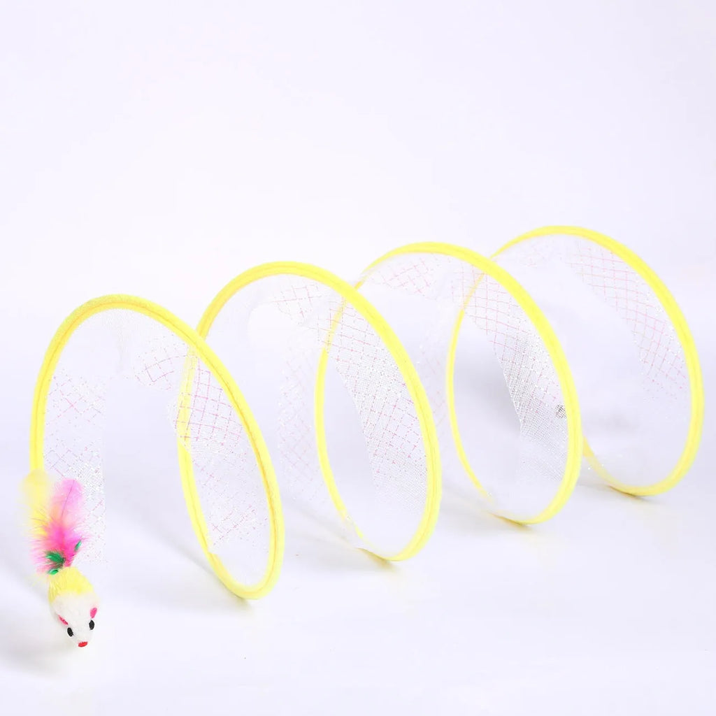 S-type cat tunnel with steel wire frame and elastic net walls, featuring attached feather toys, on a wooden floor