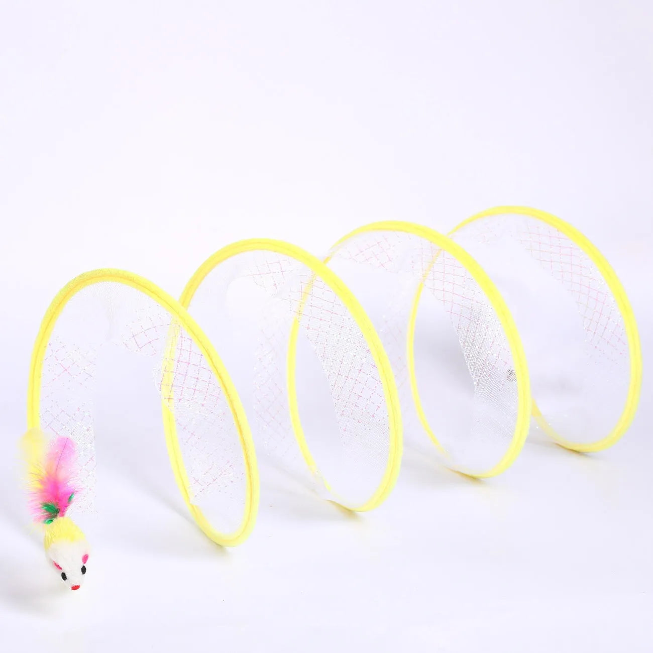 S-type cat tunnel with steel wire frame and elastic net walls, featuring attached feather toys, on a wooden floor