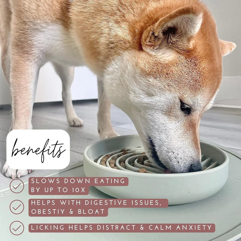 Silicone slow feeder dog bowl with ridges, shown in mustard green colour.