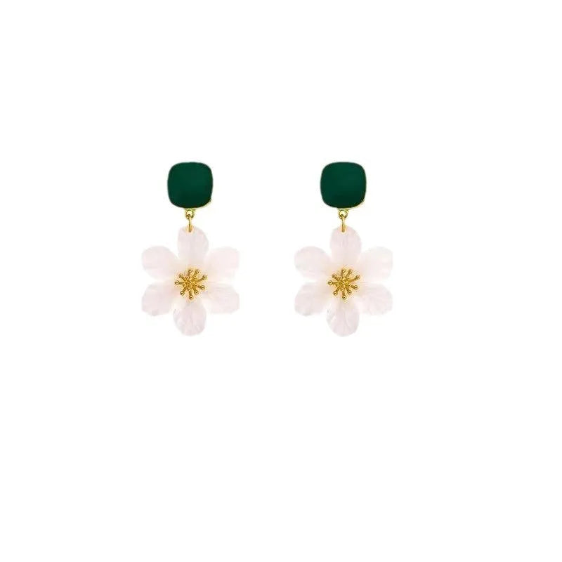 Dark green and silver alloy needle flower sweet earrings for women