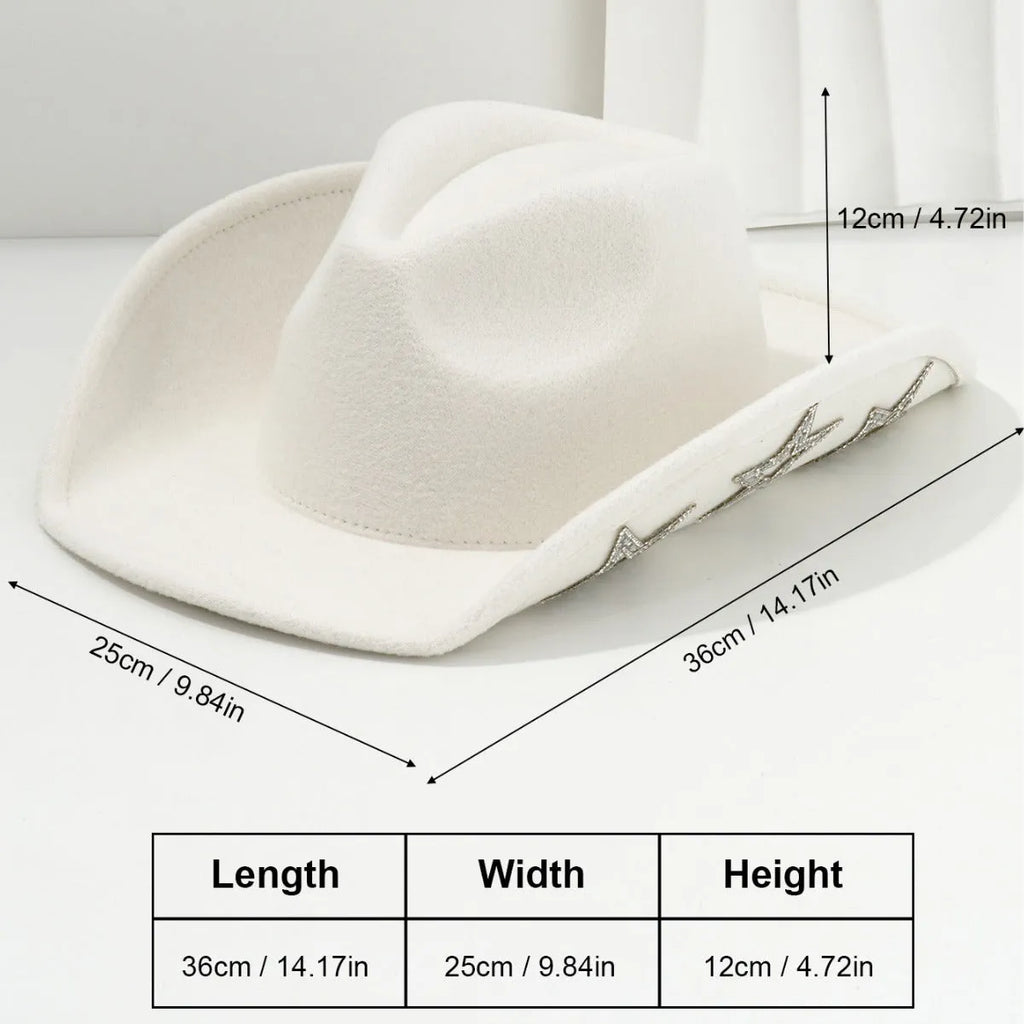 Denim top hat made from woolen felt with a conical crown and hexagonal star decoration.