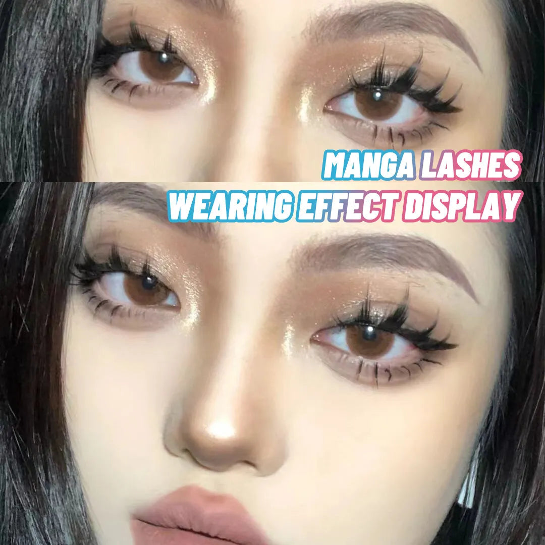 Set of manga-style false eyelashes showing three wispy designs with black plastic bands.