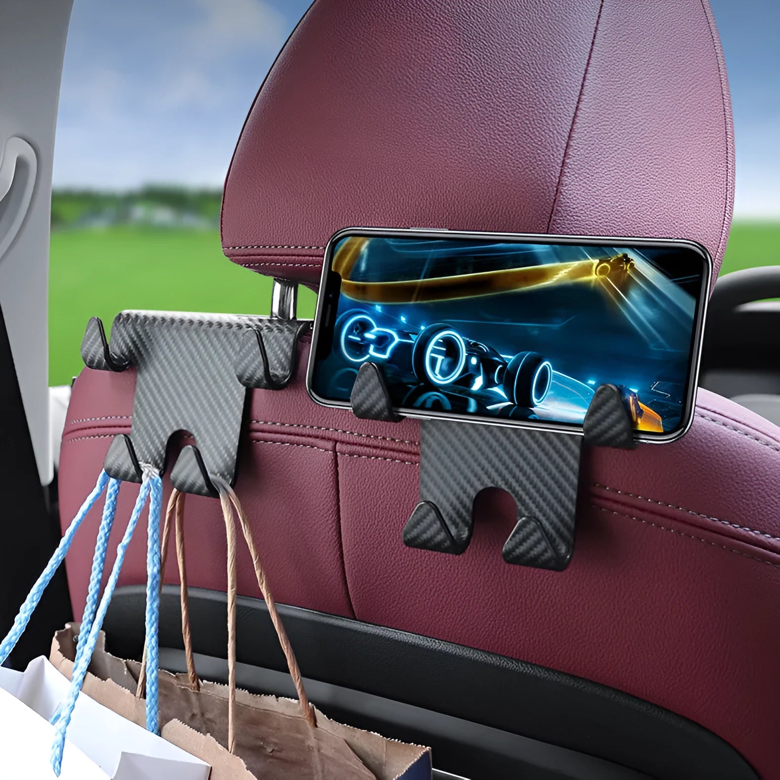 Black car hook and mobile phone bracket for rear seat storage organisation