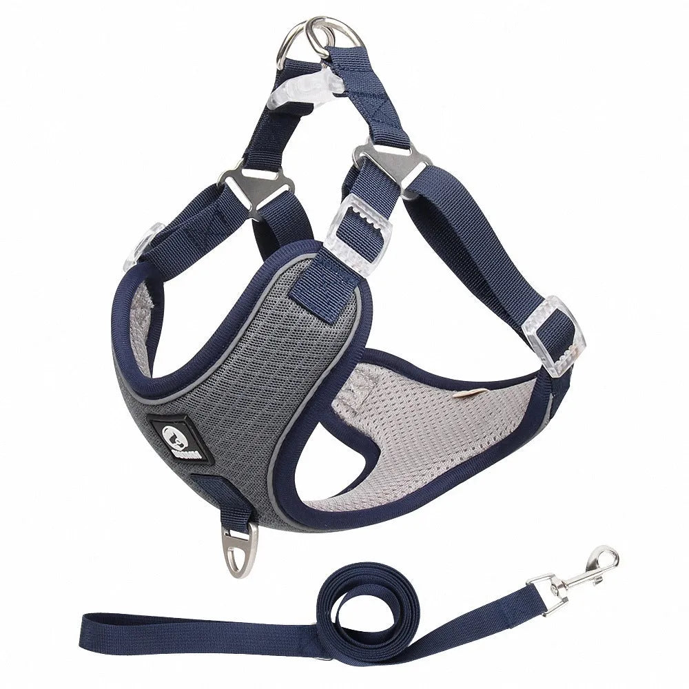 Adjustable dog harness in light purple colour with reflective piping and breathable mesh fabric