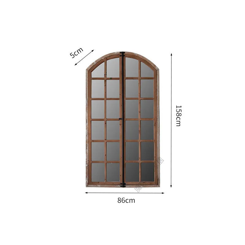 Terrace distressed fake window wall mirror with wooden glass and log-coloured finish
