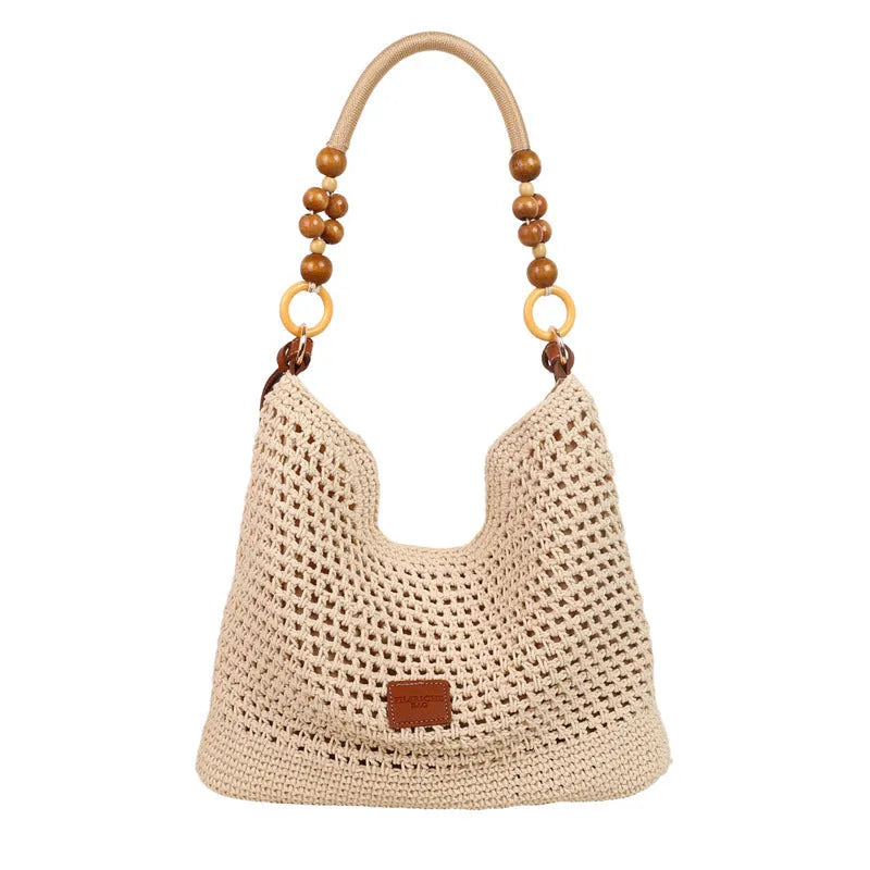 Large knitted tote beach bag with contrast stitching, urban simplicity style, black colour, crossbody strap