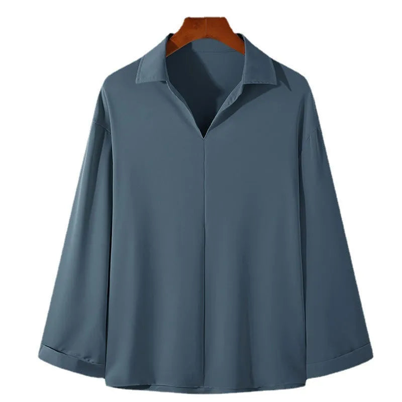Men's loose lapel casual shirt in polyester with long sleeves and pullover design