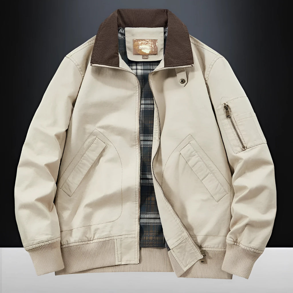 Men's plus size washed cotton flight jacket shown in camel colour.