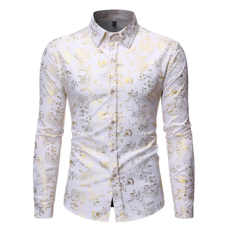 Man wearing a casual long sleeve cardigan shirt with a metallic bronzing digital print.