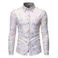 Man wearing a casual long sleeve cardigan shirt with a metallic bronzing digital print.