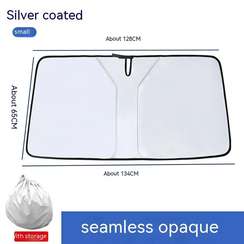 Car front shield sunshade with double elastic loops and titanium silver reflective surface