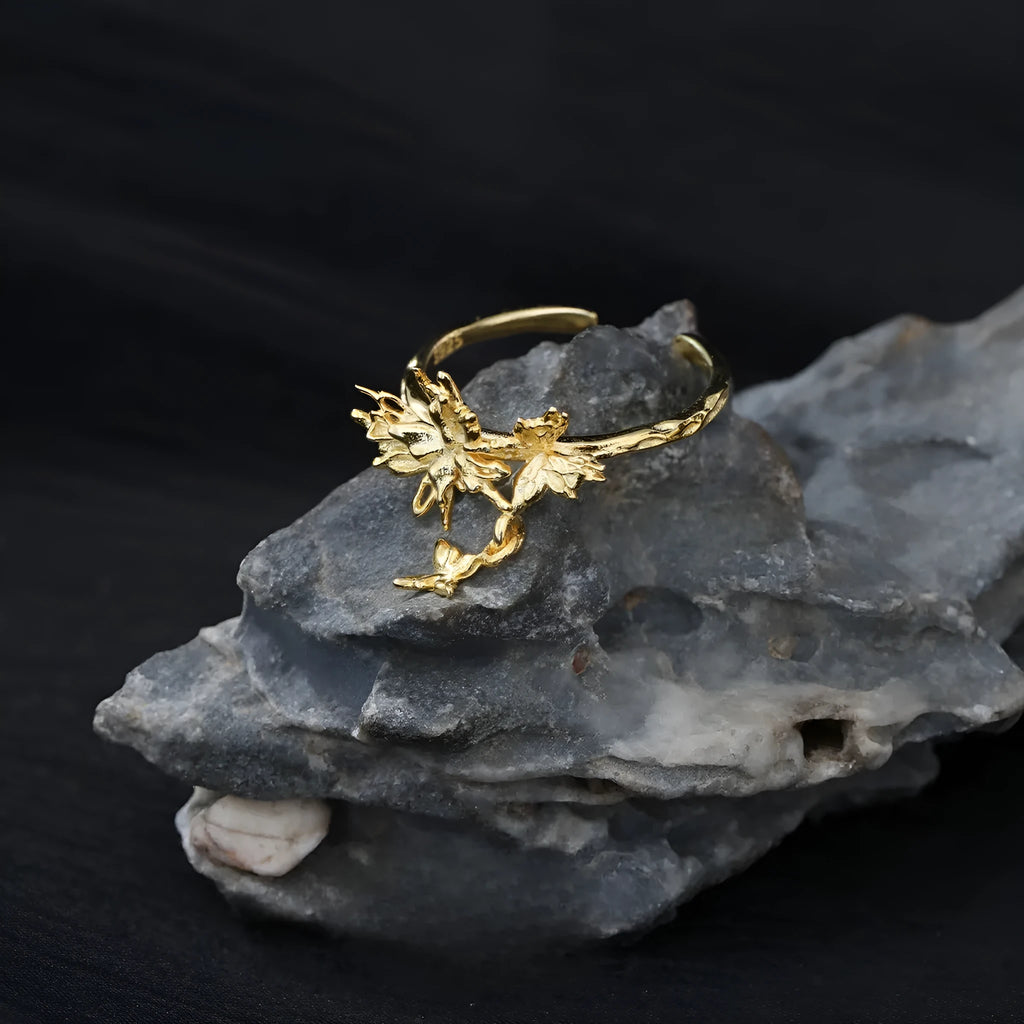 Silver butterfly ring with adjustable opening in gold colour finish