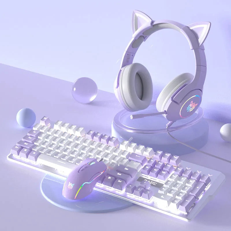 Purple and white mechanical keyboard and mouse wired combo set with backlight illumination