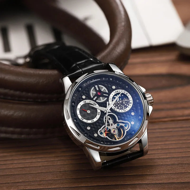 Men's automatic business watch with luminous hands, waterproof case, and choice of steel or leather bracelet