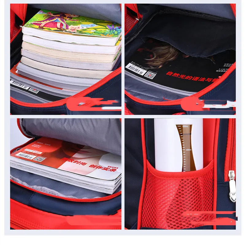 Blue children's nylon backpack with cartoon print, shown with included pencil case.