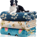 Double-sided dog blanket with cartoon anime pattern in blue dog print, shown beside size options
