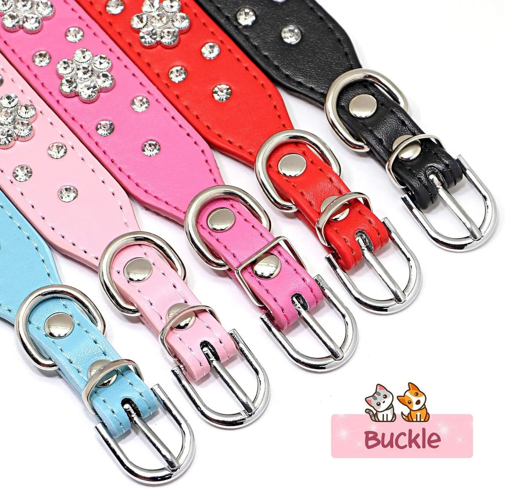Cute PU leather dog collar with rhinestone flower pattern studs and metal D-ring in black, blue, pink, or red.