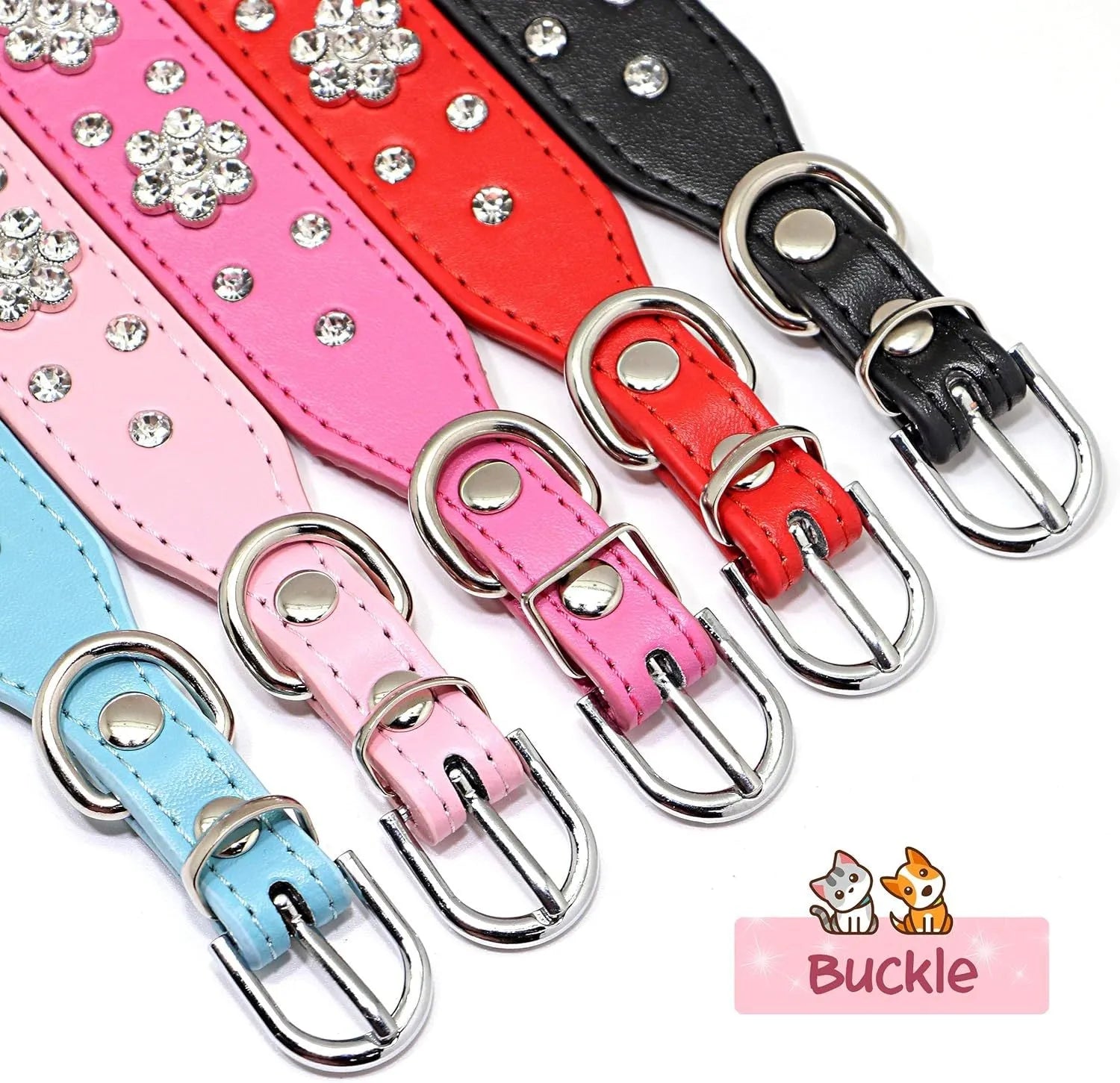 Cute PU leather dog collar with rhinestone flower pattern studs and metal D-ring in black, blue, pink, or red.