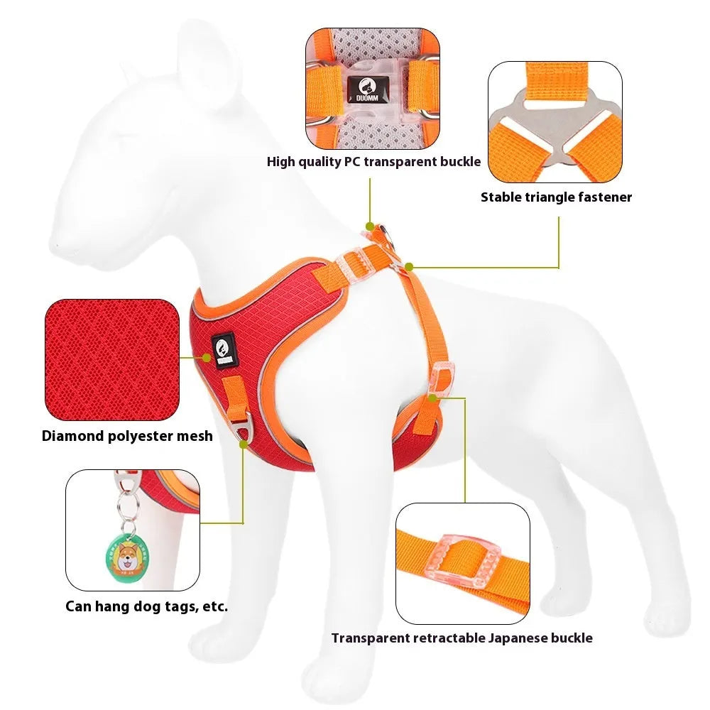 Adjustable dog harness in light purple colour with reflective piping and breathable mesh fabric