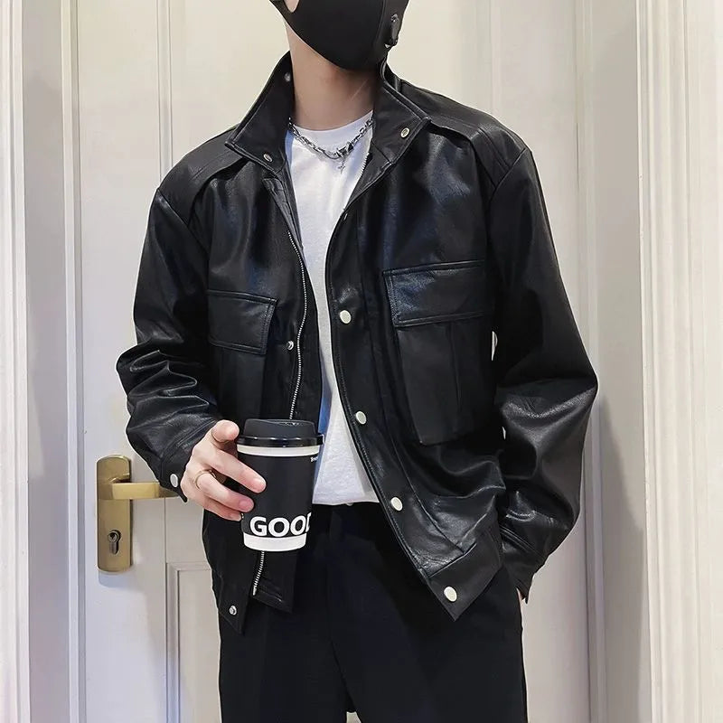 Men's black Korean style pilot leather jacket with straight hem and side pockets