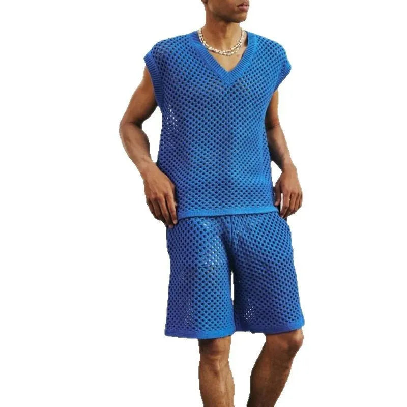 Men's blue V-neck sleeveless vest with matching sports shorts on a hanger
