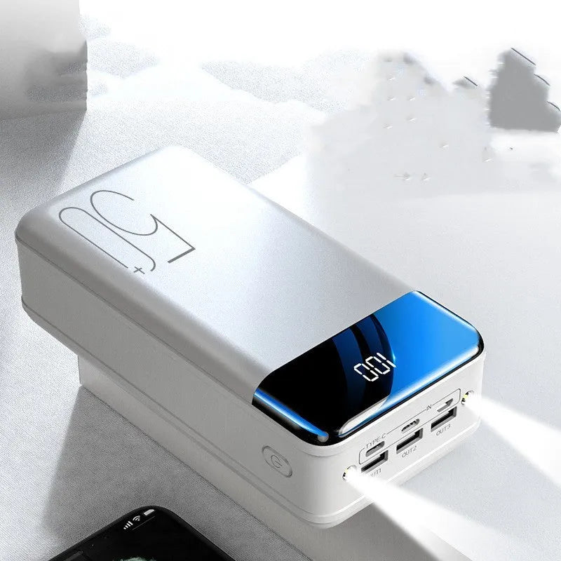 50000mAh power bank with three USB ports in black or white plastic casing