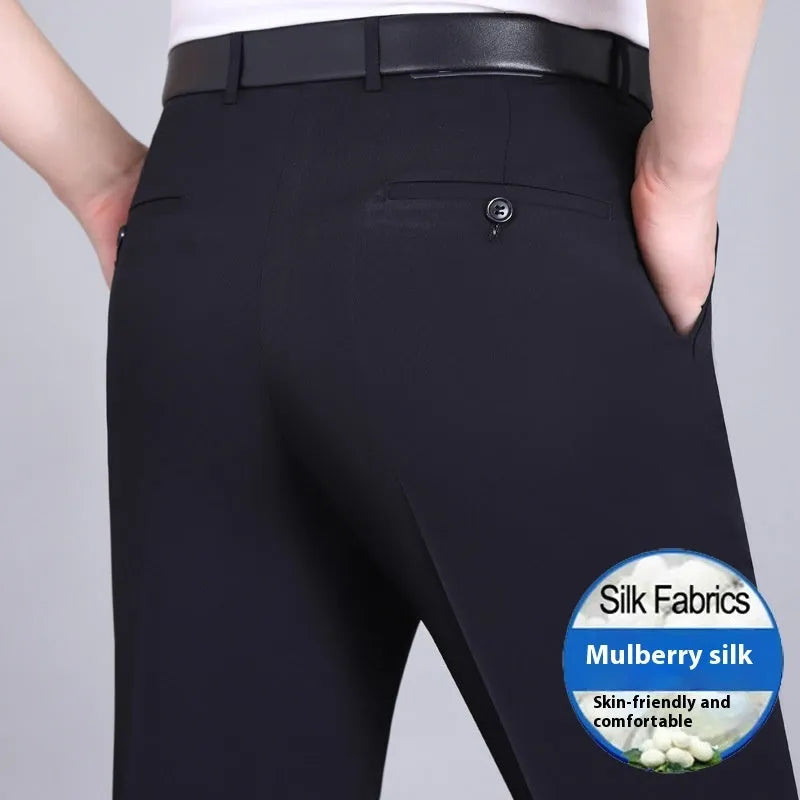 Men's straight leg non-iron business trousers in a mulberry silk blend fabric, shown in a dark blue colour.