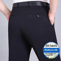 Men's straight leg non-iron business trousers in a mulberry silk blend fabric, shown in a dark blue colour.