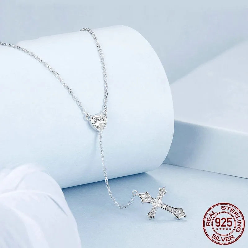 Sterling silver cross necklace with V-neck pendant on O-ring chain