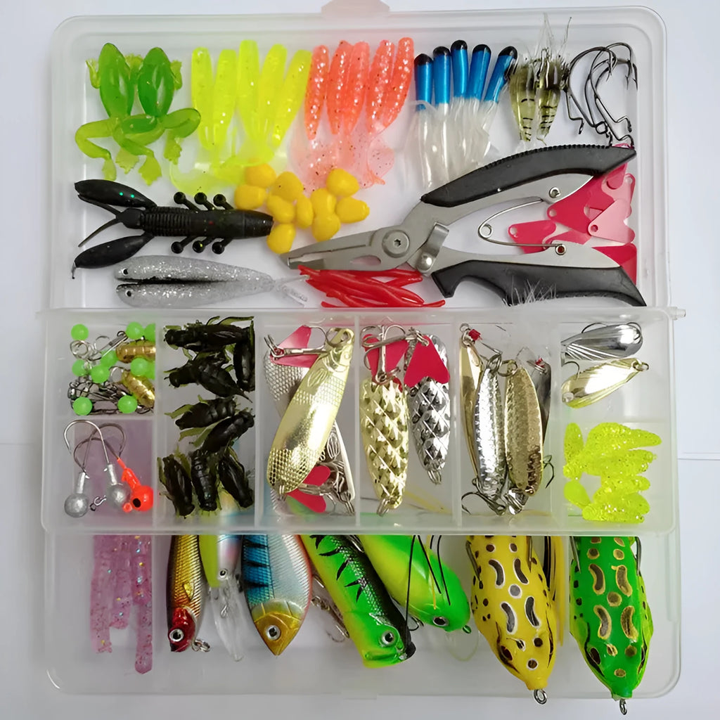 142-piece fishing lure kit featuring metal pliers, hard minnow lures, and sequin lures on a blue background.