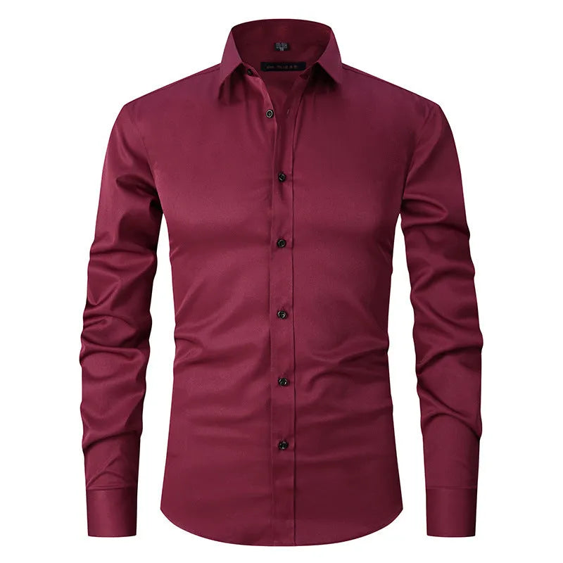 Men's stretch long sleeve work shirt in polyester on a hanger
