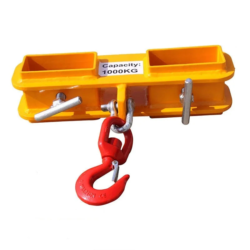 Rotatable iron forklift hook with safety locking device for converting a forklift to a mobile crane.