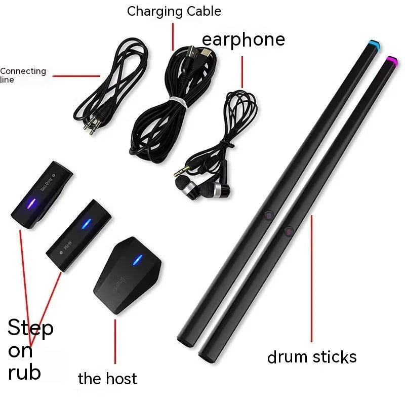 Black wireless air drum kit with two drumsticks, LED lighting, and USB-C charging cable
