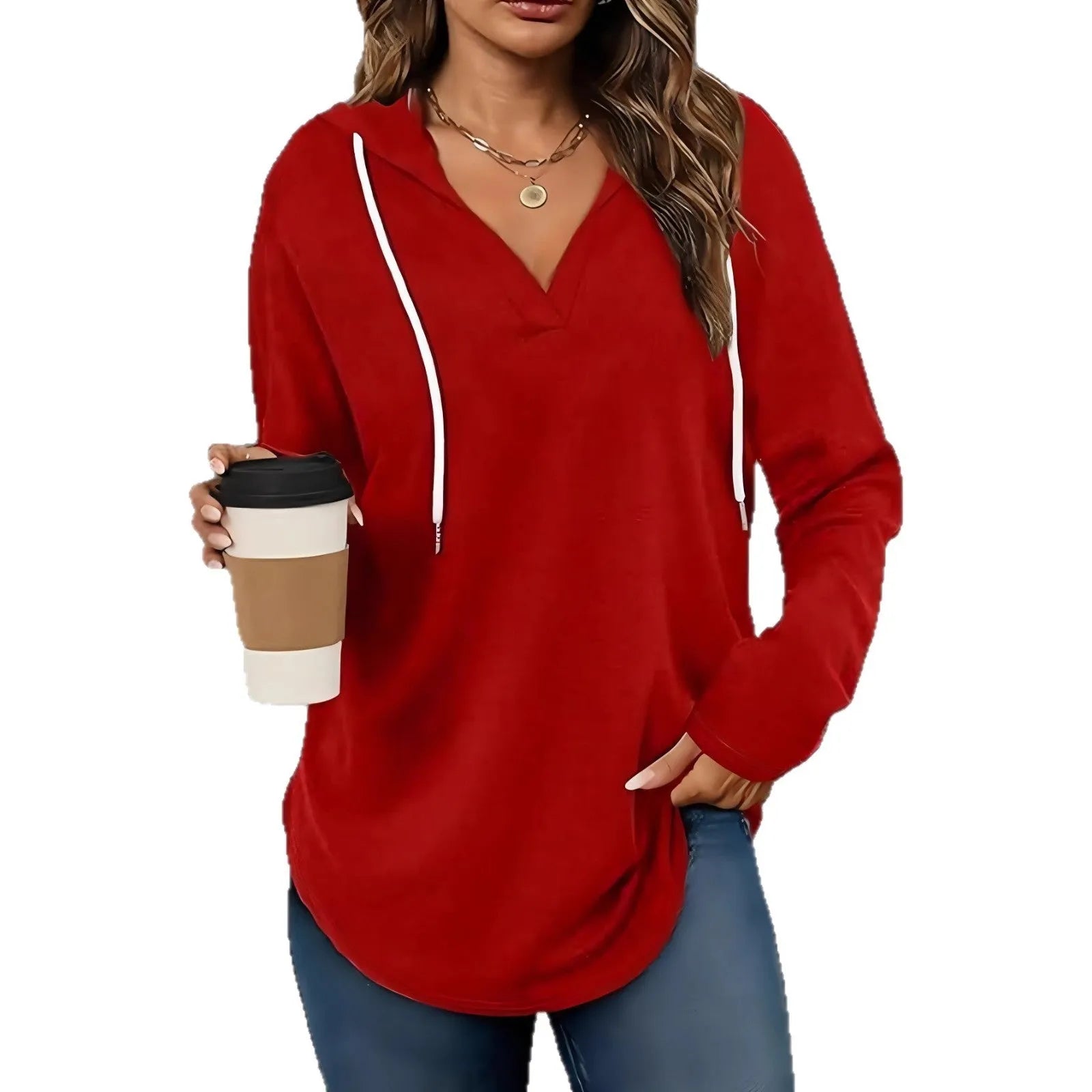 Women's red V-neck hooded sweatshirt showing front view with loose fit and regular sleeves