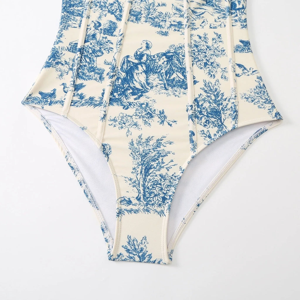 Blue women's one-piece swimsuit with matching gauze skirt in polyester fabric showing Asian sizing options