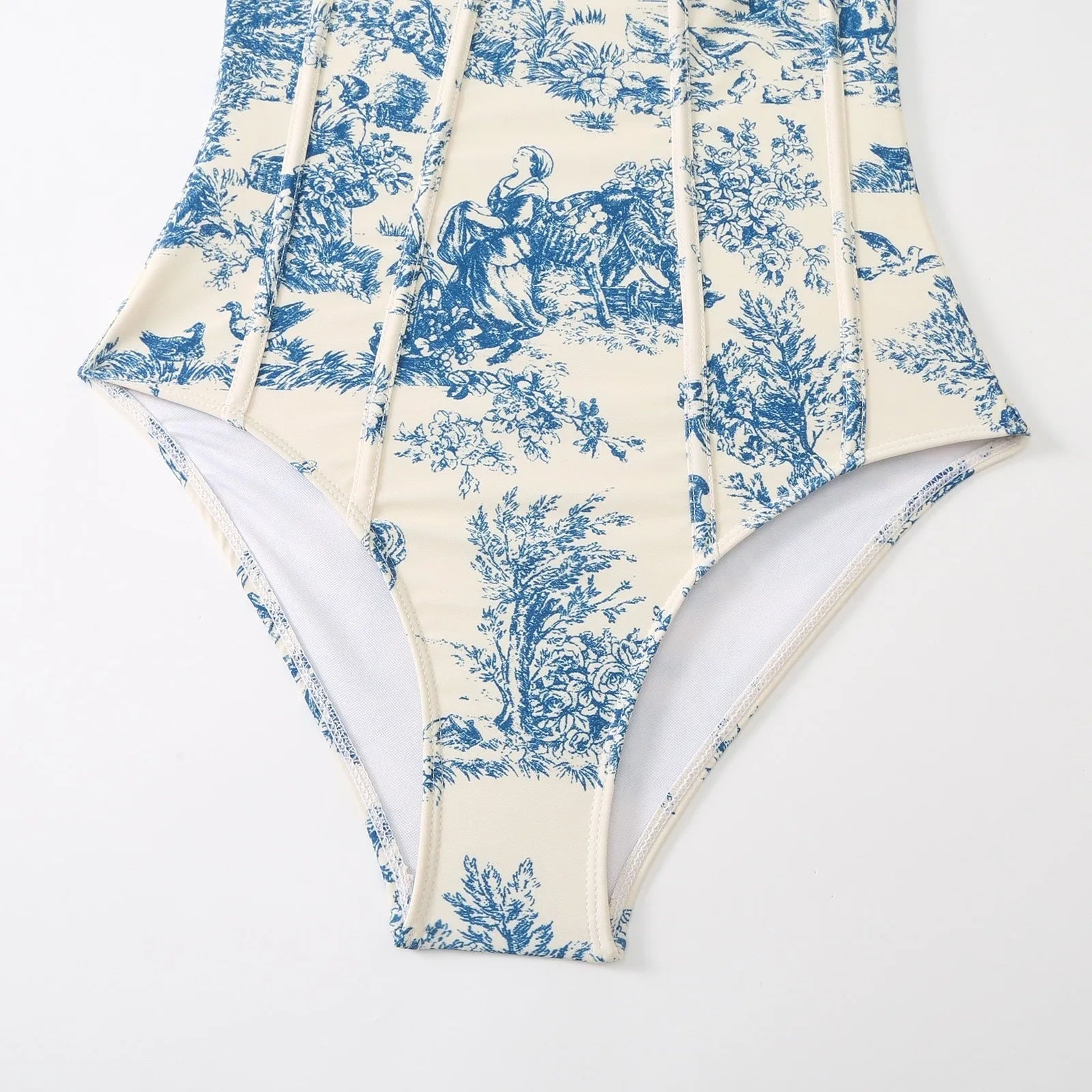 Blue women's one-piece swimsuit with matching gauze skirt in polyester fabric showing Asian sizing options