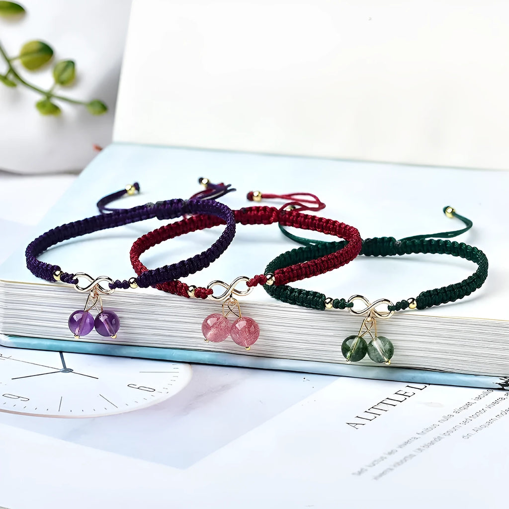 Natural strawberry quartz cherry bracelet for women with 8mm fruit-shaped beads on elastic thread.