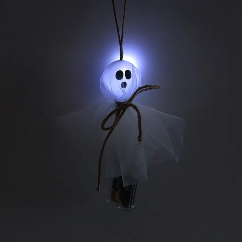 Halloween ghost-themed LED lighting chain with coloured PVC shells and a battery pack
